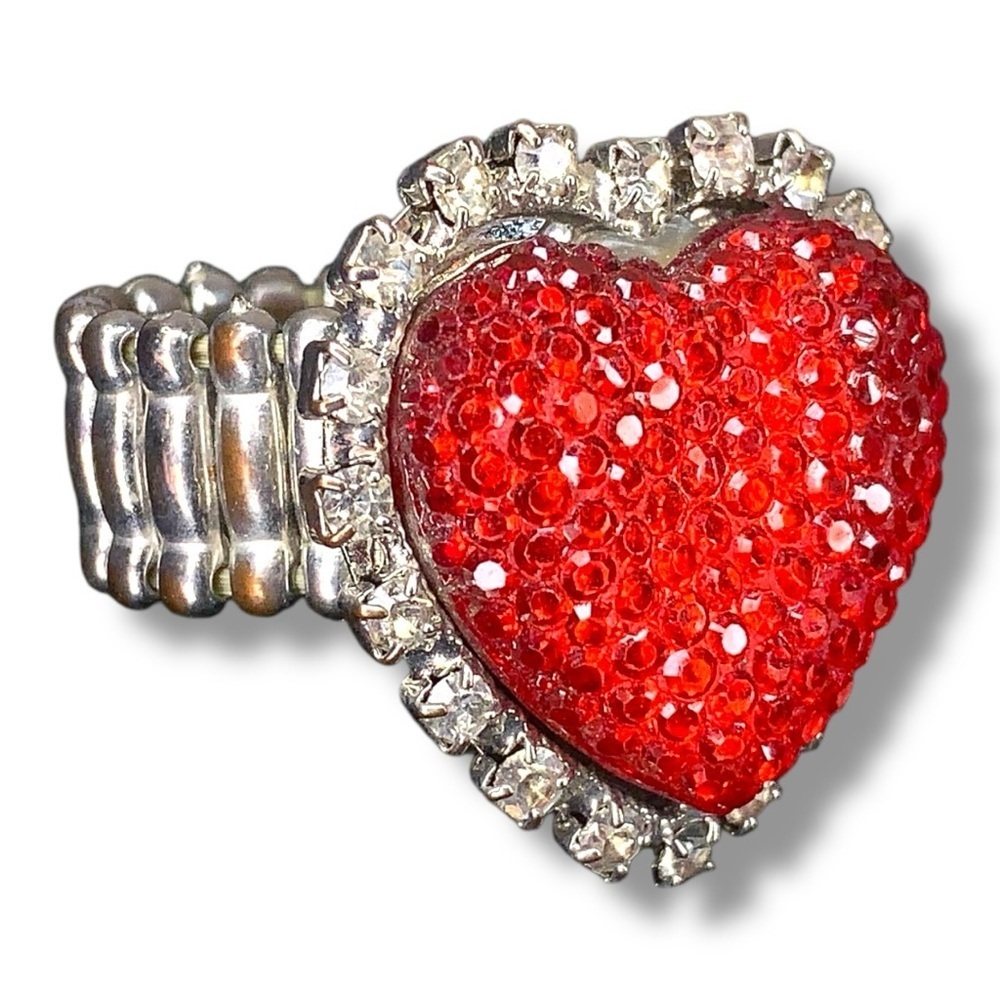 Y2K Red Heart Stretch Cocktail Ring Rhinestones Size 7 And Up Goth Kawaii